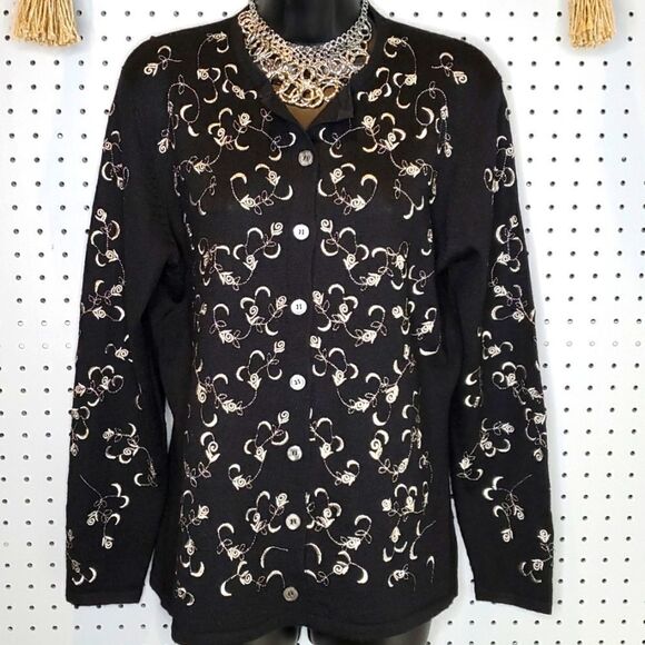 Pendleton Black & Silver Embroidered Roses Lightweight Cardigan Sweater, Sz M - Picture 1 of 6